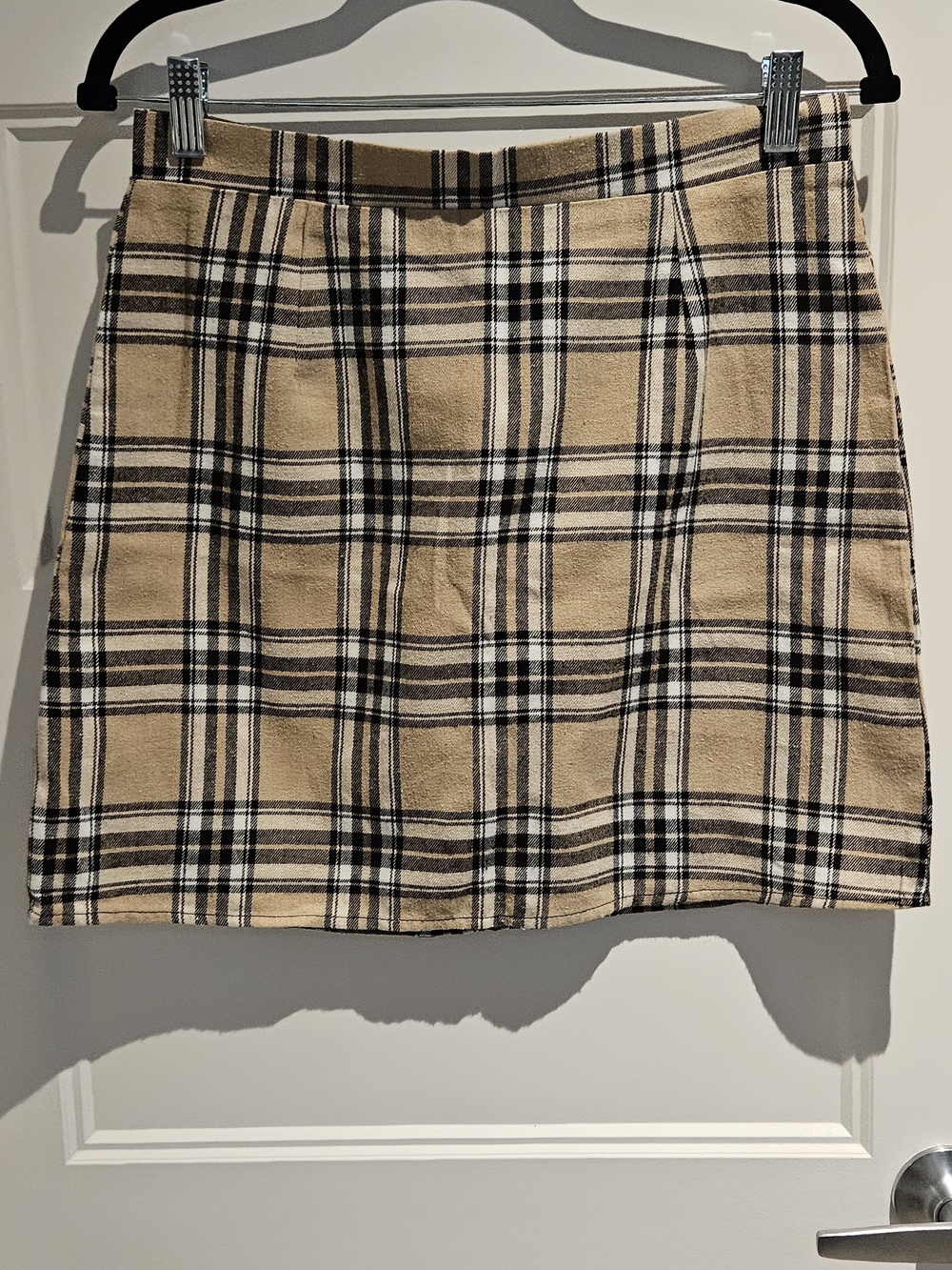 ROMWE Tan Plaid Mini Skirt with Black & Cream Stripes